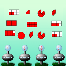 Screenshot van het spel: familiehuisjes. Een spelletje om breukenfamilies te oefenen.