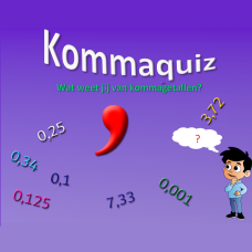 Screenshot van Kommaquiz. Een multiple choice spel om kommagetallen te oefenen.